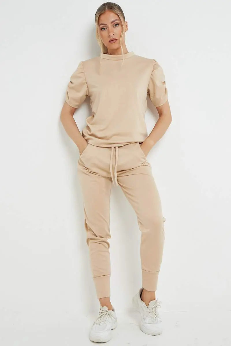 KATCH ME Women's Solid Color Ruched Sleeve Top & Joggers Co-ord 2PCS Co-ord 