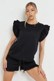 KATCH ME Women's Solid Color Ruffle Sleeve Crop Top & Shorts Bodycon Co-ord 2PCS Co-ord 