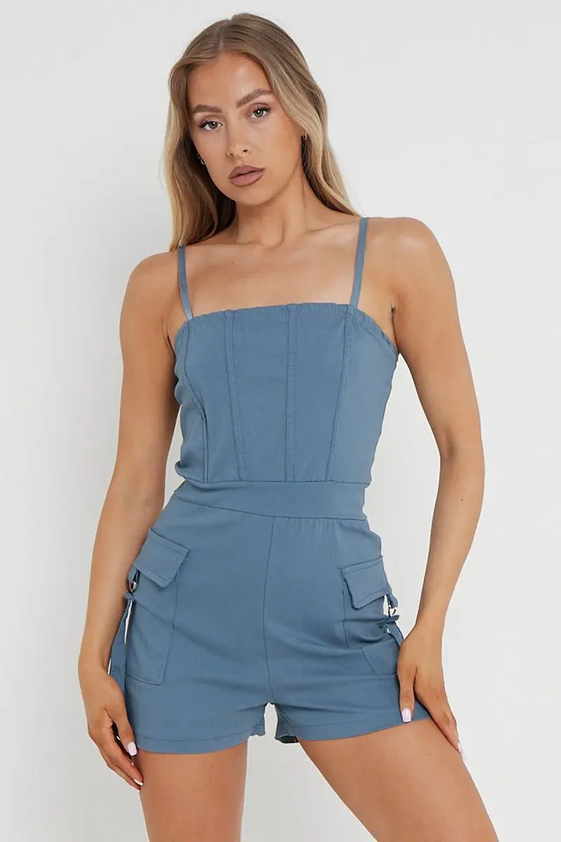 KATCH ME Women's Solid Color Tube Pockets Short Jumpsuit One size(6-12） Playsuit 