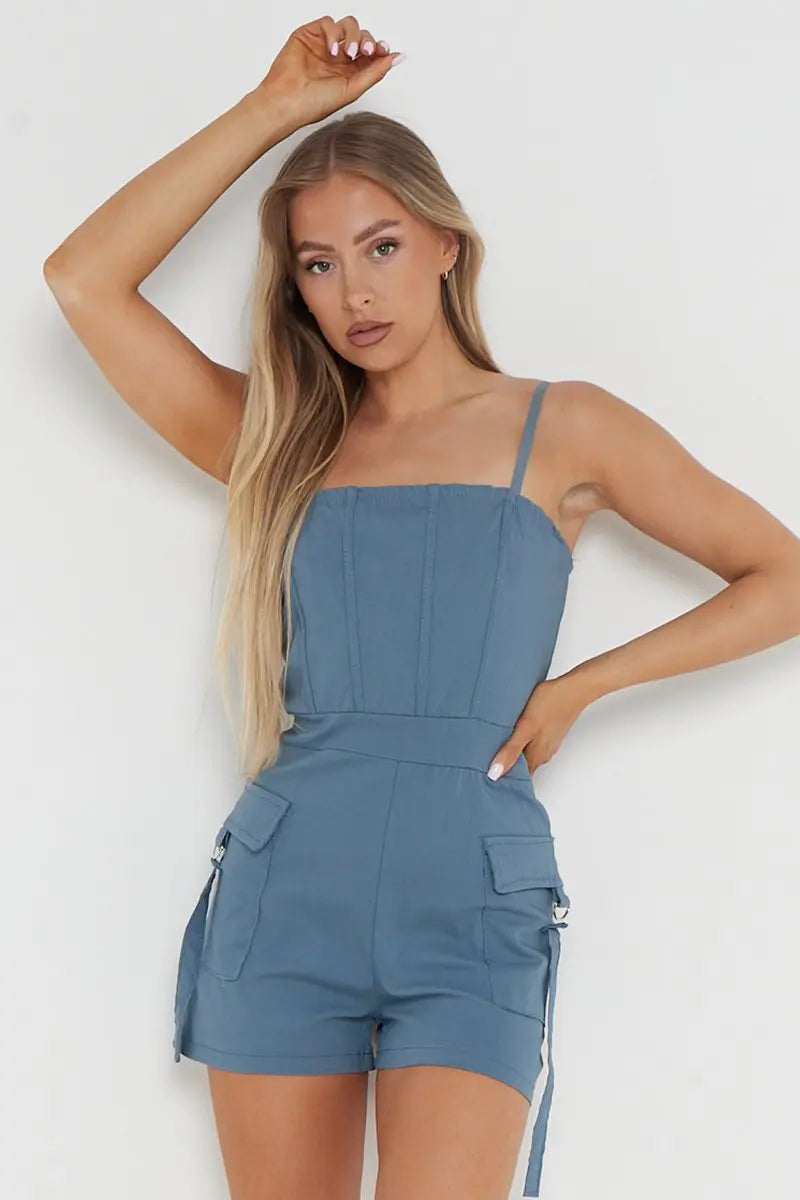 KATCH ME Women's Solid Color Tube Pockets Short Jumpsuit One size(6-12） Playsuit 