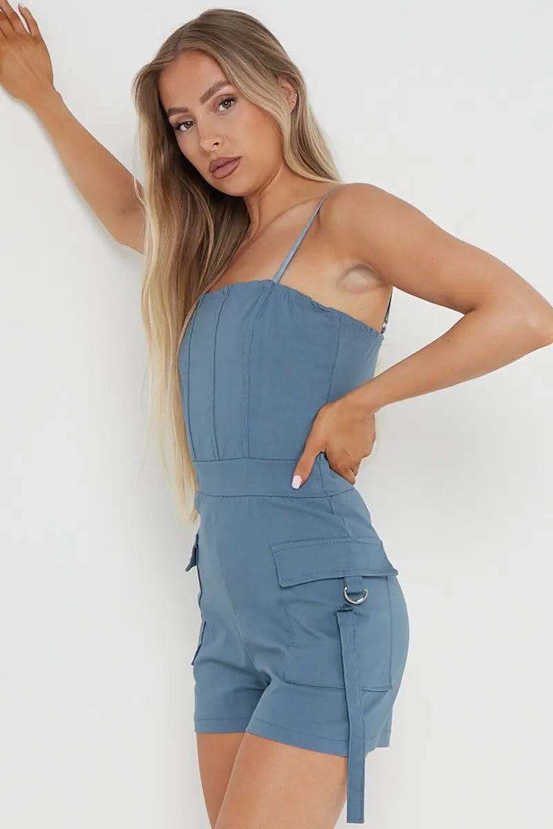 KATCH ME Women's Solid Color Tube Pockets Short Jumpsuit One size(6-12） Playsuit 