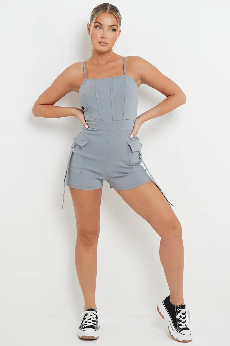 KATCH ME Women's Solid Color Tube Pockets Short Jumpsuit One size(6-12） Playsuit 