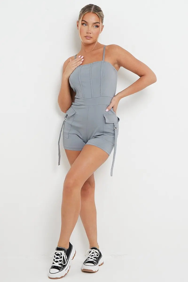 KATCH ME Women's Solid Color Tube Pockets Short Jumpsuit One size(6-12） Playsuit 