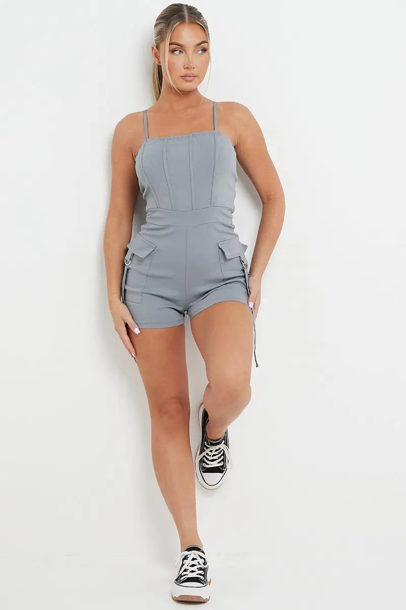 KATCH ME Women's Solid Color Tube Pockets Short Jumpsuit One size(6-12） Playsuit 
