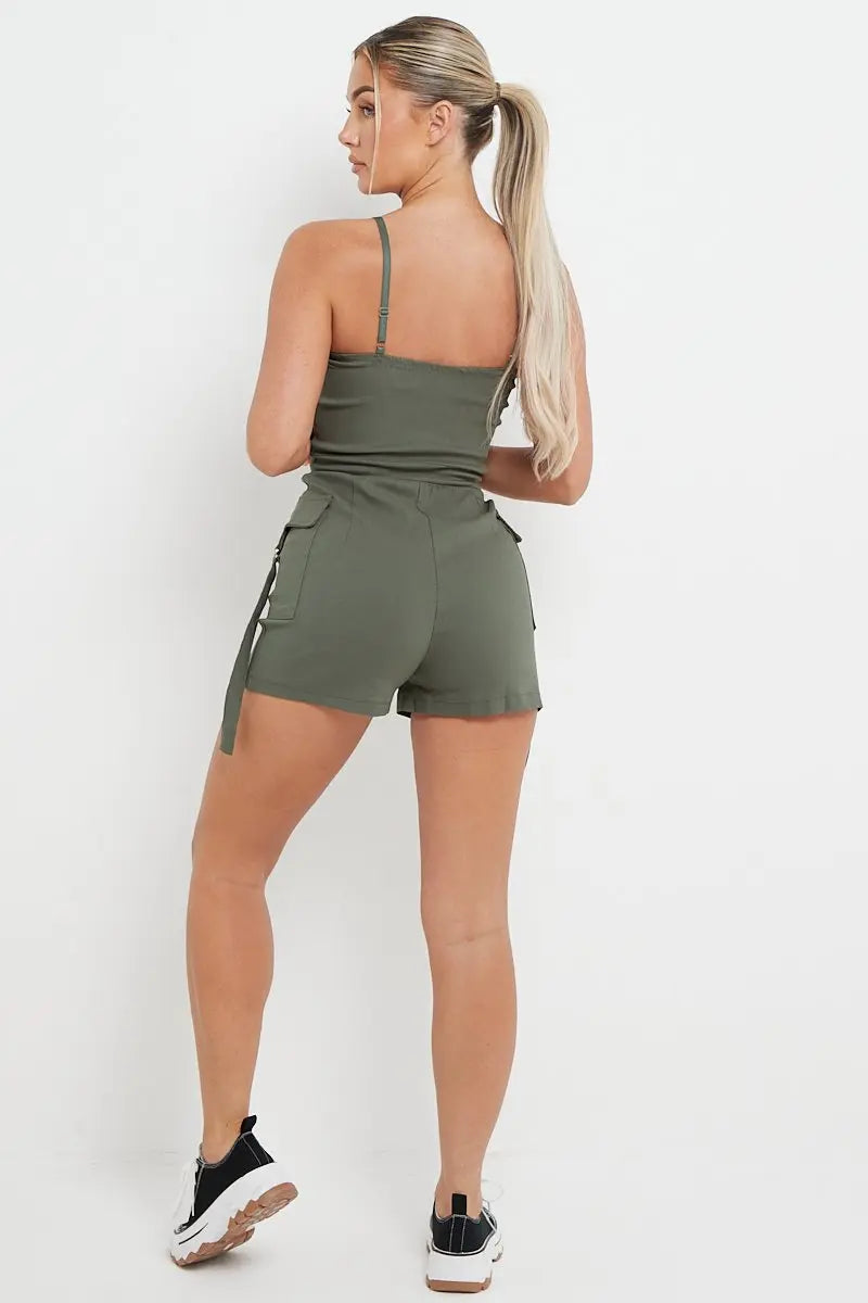 KATCH ME Women's Solid Color Tube Pockets Short Jumpsuit One size(6-12） Playsuit 