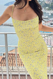 KATCH ME Yellow Floral Print Spaghetti Straps Backless Maxi Dress Dress 