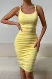 KATCH ME Yellow Twist Straps Ruched Bodycon Dress Dress 