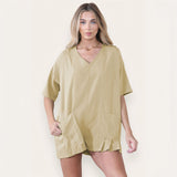 Casual Plain V Neck Half Sleeve Pocket Loose Playsuit