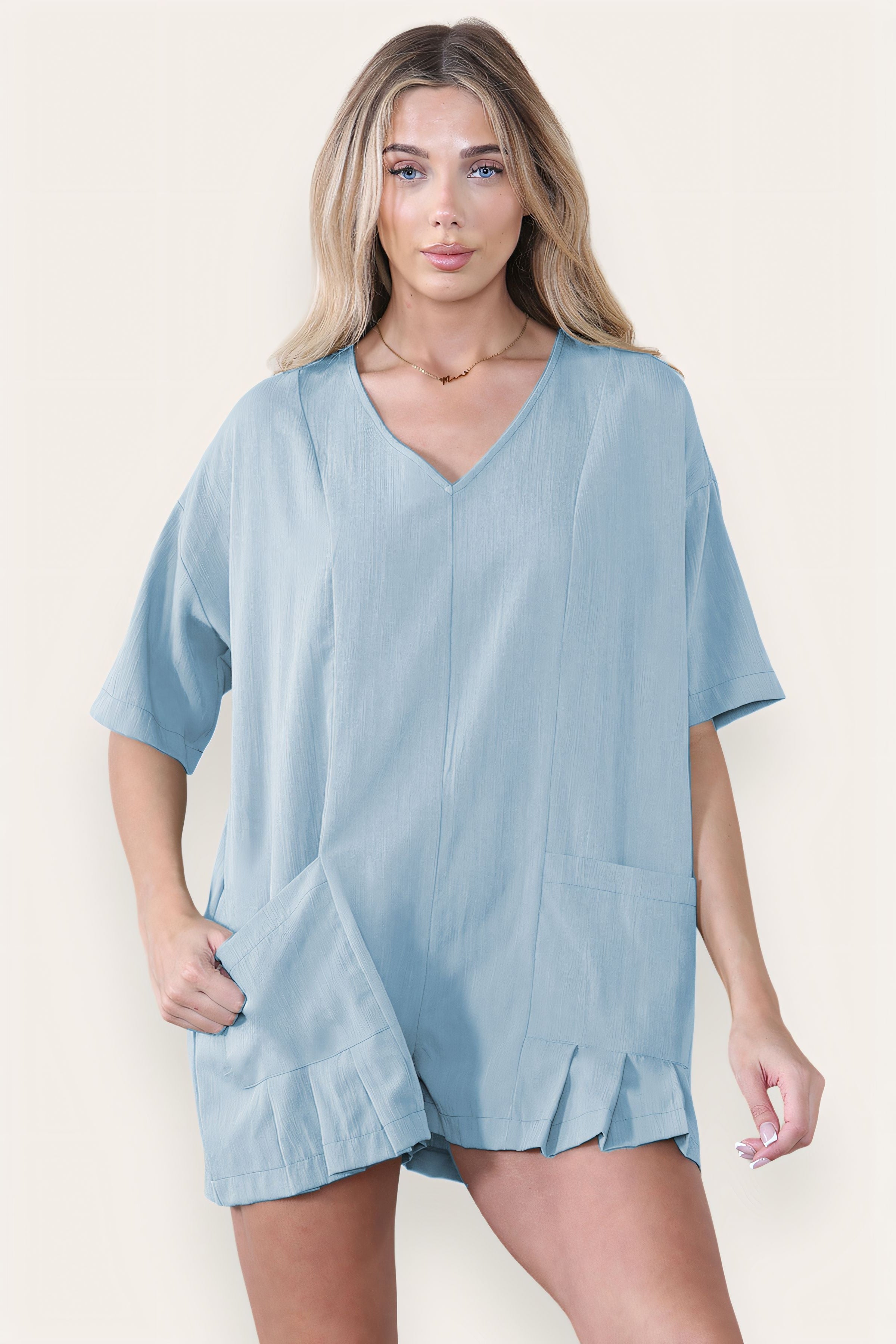 KATCH ME Plain V Neck Half Sleeve Pocket Loose Playsuit