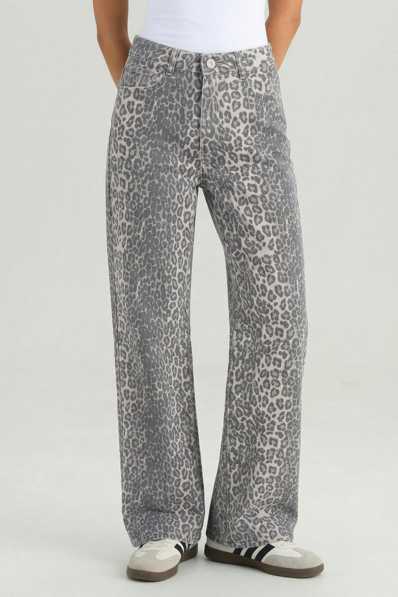 Katchme Stretchy Durable Denim Leopard Print High Waist Wide Leg Jeans - KATCH ME UK-Denim