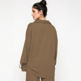 Commuter Solid Collared Tie-Up Long Sleeve Button Shirt & Wide Leg Trousers Co-ord