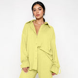 Commuter Solid Collared Tie-Up Long Sleeve Button Shirt & Wide Leg Trousers Co-ord