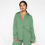 Commuter Solid Collared Tie-Up Long Sleeve Button Shirt & Wide Leg Trousers Co-ord
