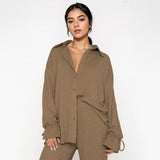 Commuter Solid Collared Tie-Up Long Sleeve Button Shirt & Wide Leg Trousers Co-ord