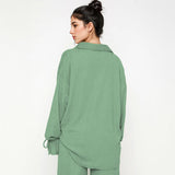 Commuter Solid Collared Tie-Up Long Sleeve Button Shirt & Wide Leg Trousers Co-ord