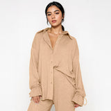 Commuter Solid Collared Tie-Up Long Sleeve Button Shirt & Wide Leg Trousers Co-ord