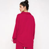 Commuter Solid Collared Tie-Up Long Sleeve Button Shirt & Wide Leg Trousers Co-ord