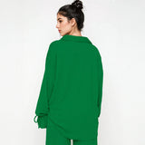 Commuter Solid Collared Tie-Up Long Sleeve Button Shirt & Wide Leg Trousers Co-ord