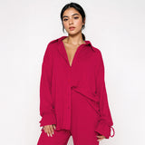Commuter Solid Collared Tie-Up Long Sleeve Button Shirt & Wide Leg Trousers Co-ord