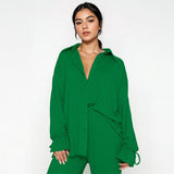 Commuter Solid Collared Tie-Up Long Sleeve Button Shirt & Wide Leg Trousers Co-ord