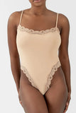 Sexy Solid Color Spaghetti Strap Lace Trim Stretch Bodysuit