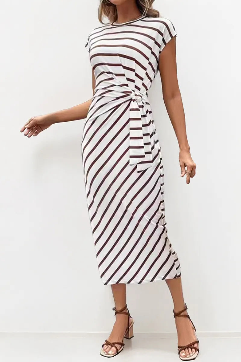 KATCH ME Summer Elegant Color Matching Stripe Knotted Slinky Maxi Dress