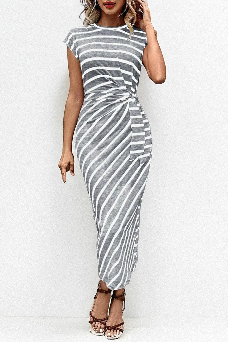 KATCH ME Summer Elegant Color Matching Stripe Knotted Slinky Maxi Dress