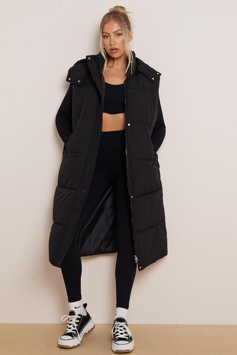 KATCH ME Look Solid Color Hooded Waist Tie Zip-Up Long Gilet Vest