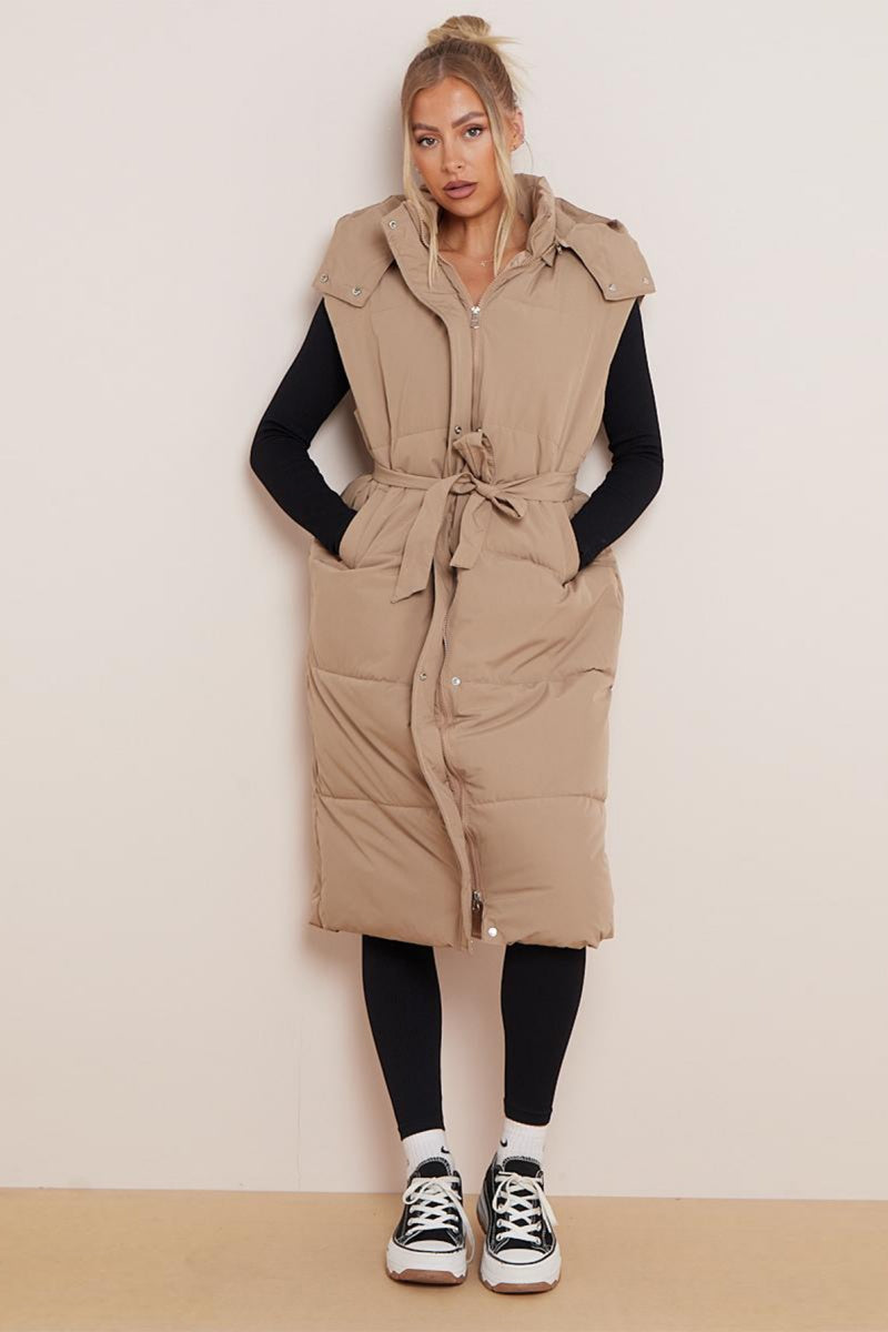 KATCH ME Look Solid Color Hooded Waist Tie Zip-Up Long Gilet Vest