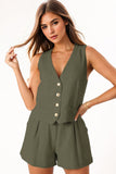 Katch Me Look Women's Sophisticated V Neck Sleeveless Button-Up Tank Top & Wide Leg Shorts Co-ord