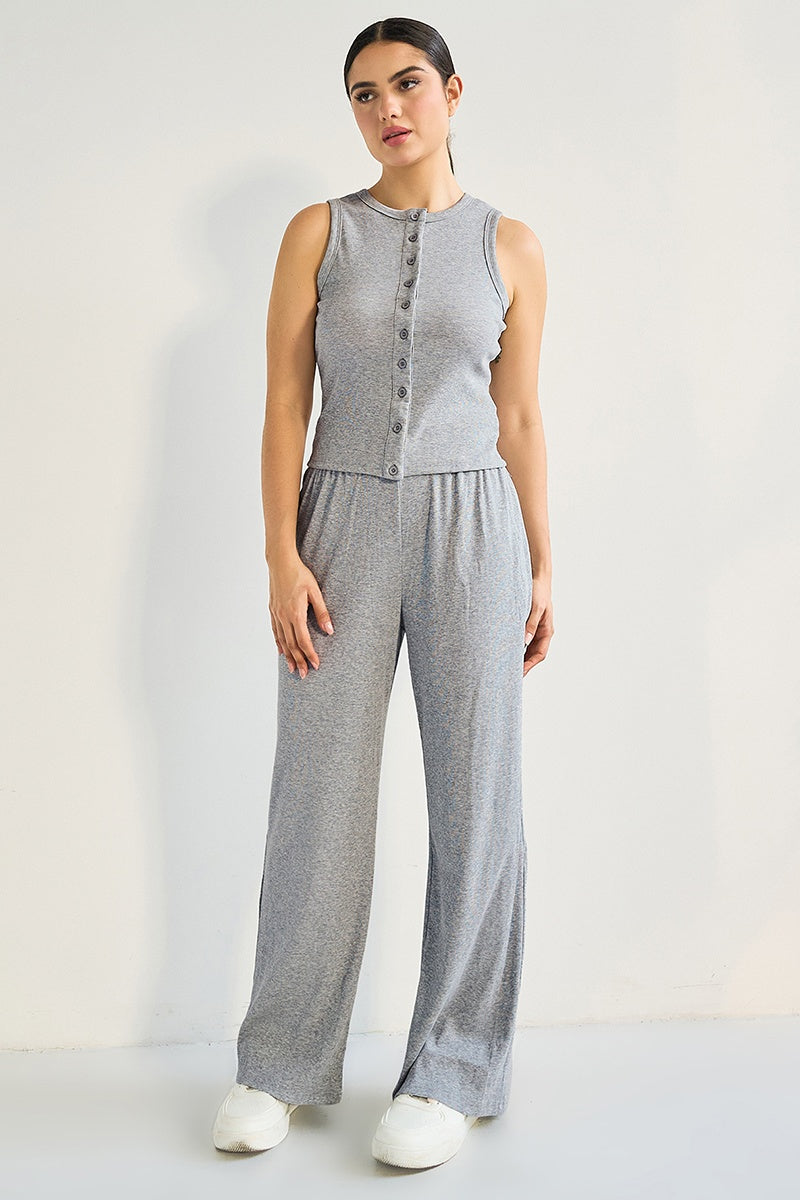 Leisure Round Neck Button Tank Top & Stretchy Trousers Co-ord