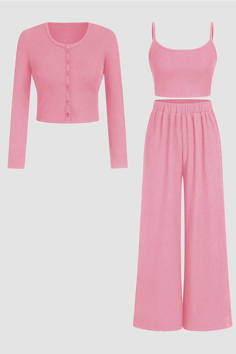 Minimalist Slim Camisole & High-Waist Trousers with Long-Sleeve Cardigan 3-Piece Set