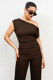 Leisure Solid Sloping-Shoulder Slim Top & Wide-Leg Trousers Co-ord