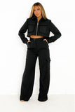 Lapel-Zipper Crop Top & Cargo-Pockets Trousers 2-Piece Co-ord Set