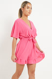 Minimalist Solid V Neck Short Sleeve Tie-Up Playsuit