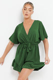 Minimalist Solid V Neck Short Sleeve Tie-Up Playsuit