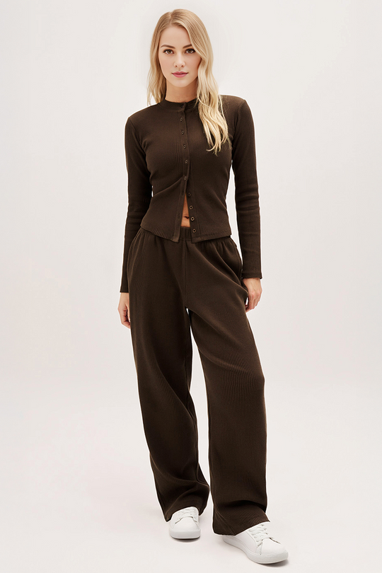 Minimalist Solid Button-Up Top & Wide-Leg Trousers Co-ord