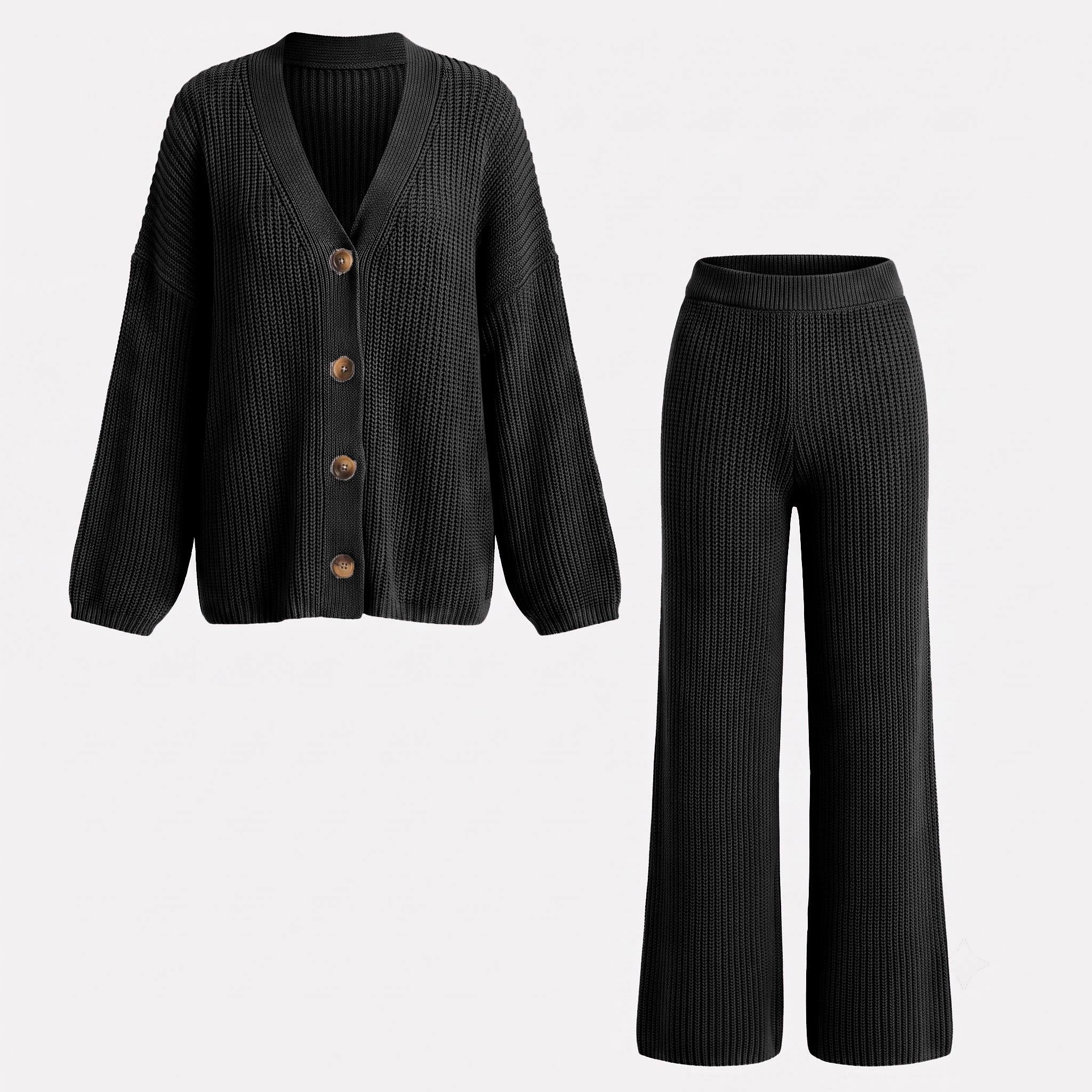 KatchMe Knit V Neck Minimalist Cardigan & Wide Leg Trousers Co-ord (One Size: 6-20UK), Lady's Button Knitwear Set for Fall & Winter, Comfort Womenswear