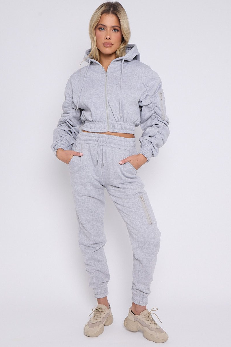 KATCH ME Grey Casual Ruched Sleeve Crop Hoodie & Elastic Waist Trousers Co-ord Co-ord 33.99