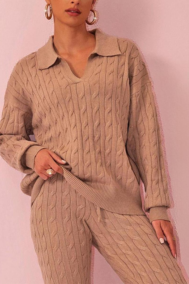 KATCH ME V Neck Cable-Knit Sweater & Drawstring Waist Pants Co-ord Set