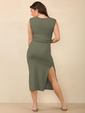 Summer Elegant Solid Color Scoop Neck Cap Sleeve Slinky Maxi Dress