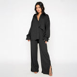 Commuter Solid Collared Tie-Up Long Sleeve Button Shirt & Wide Leg Trousers Co-ord