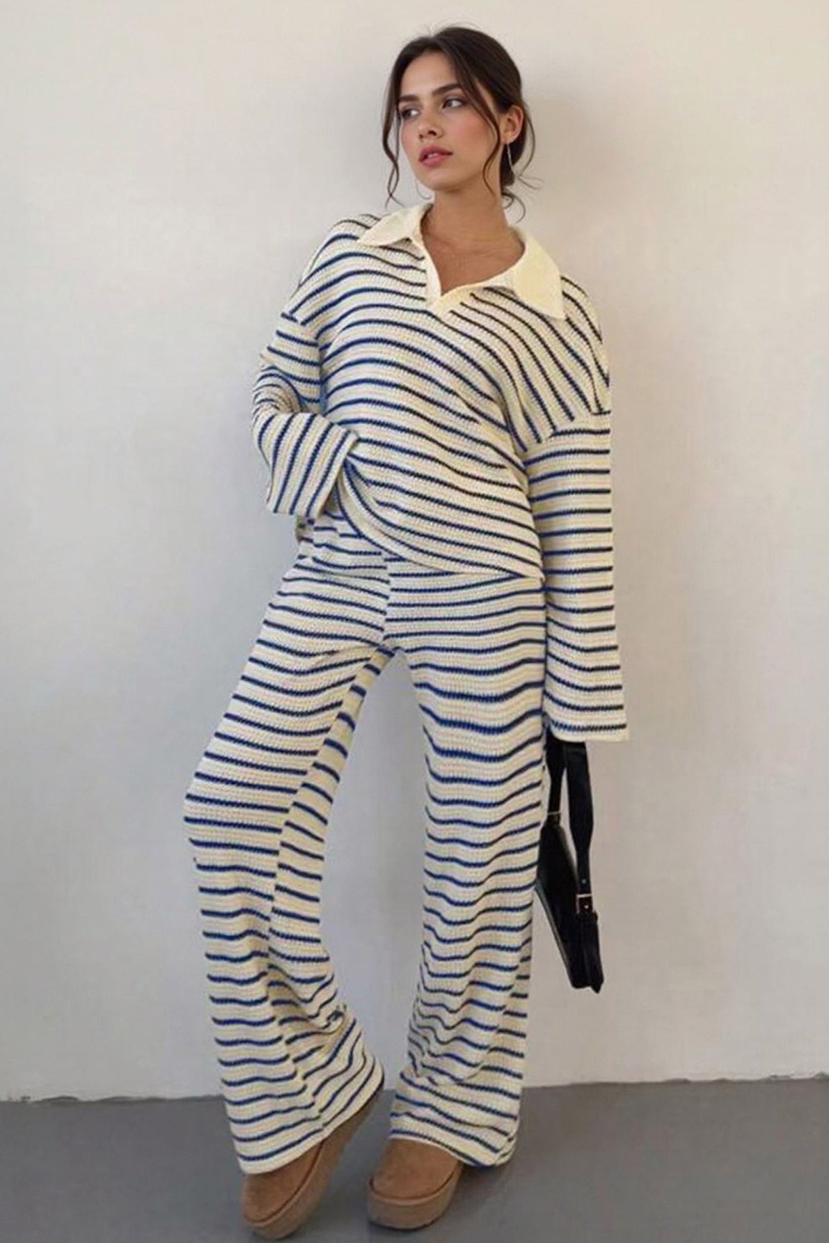 KATCH ME Classic V-Neck Stripe Long Sleeve Top & Wide Leg Trousers Co-ord Set