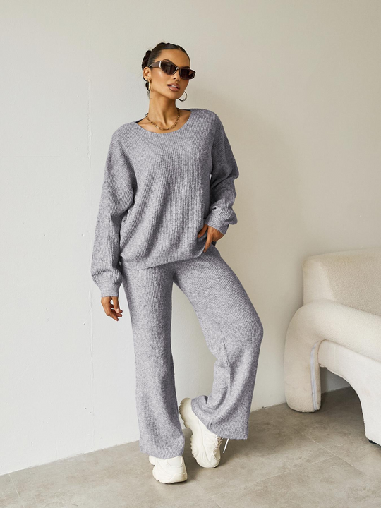 Women's Black Cozy Knit Scoop Neck Long Sleeve Loose Top & Stretch Trousers Co-ord