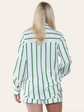 Trendy Color Matching Stripe Patch Pocket Button-Up Long Sleeve Shirt & Wide Leg Shorts Co-ord