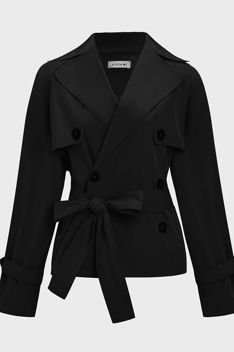 KATCH ME Notch Lapel Double Breasted Waist Tie Trench Coat