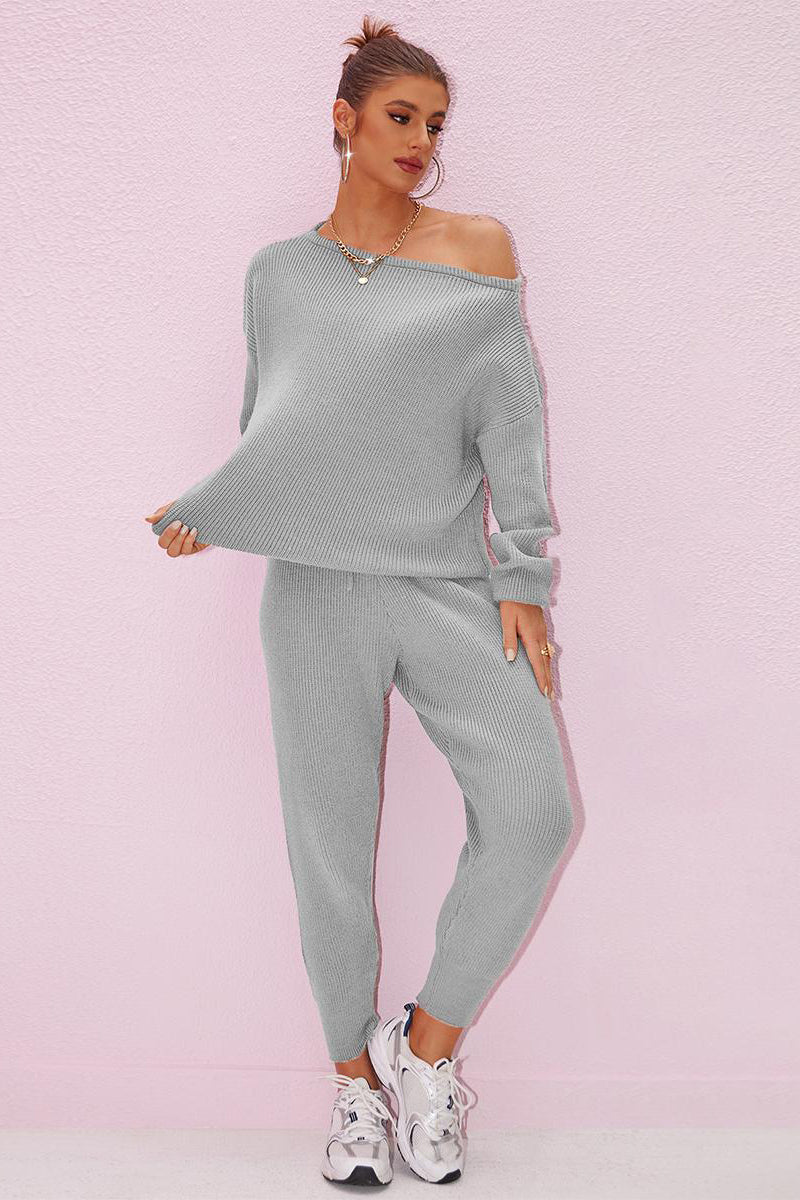 KATCH ME Sloping Shoulder Loose Sweater & Drawstring Skinny Trousers Co-ord Set