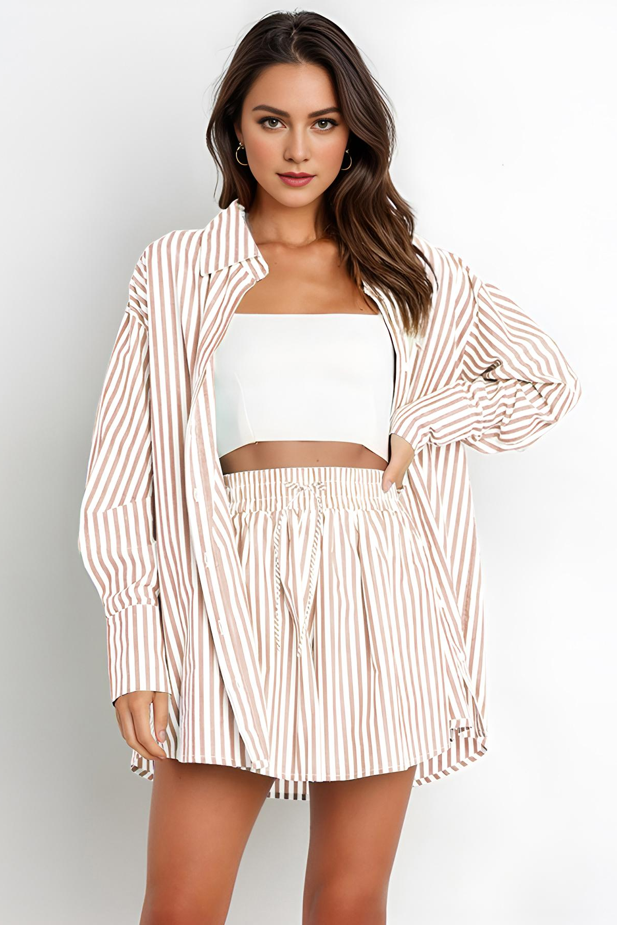 KATCH ME Stripe Collared Button-Up Shirt Drawstring Shorts Co-ord Set
