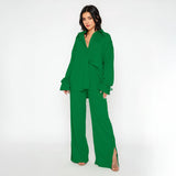 Commuter Solid Collared Tie-Up Long Sleeve Button Shirt & Wide Leg Trousers Co-ord