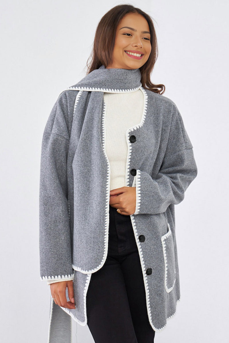 KATCH ME Grey Fall & Winter Unique Versatile Contrast Trim Button Up Coat With Scarf Coat